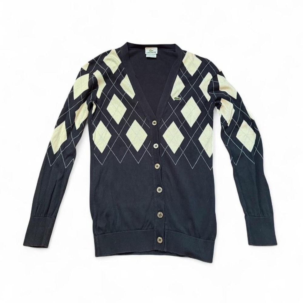 Lacoste Preppy Style Navy Blue Cream Argyle Plaid Knit Cardigan Sweater